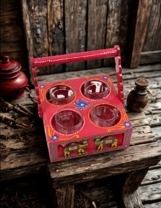 Traditional Cutting Tea Chai Glass Holder Stand | 4 Compartment